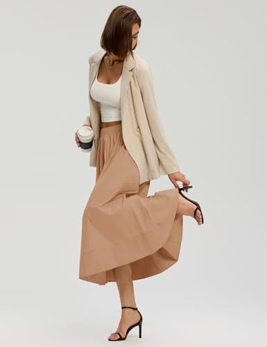 LOMON Midi Skirts for Women with Pockets A-Line Cotton Flowy Elastic Waist - color: Camel, size: X-Large