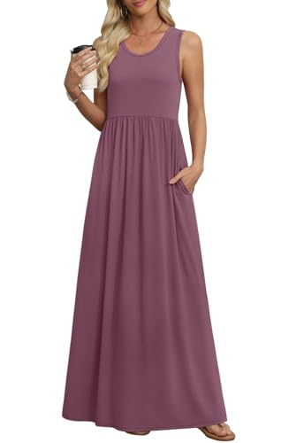 Women's Summer Sleeveless Loose Maxi Dress Casual Long Dresses with Pockets - color: Mauve, size: Medium