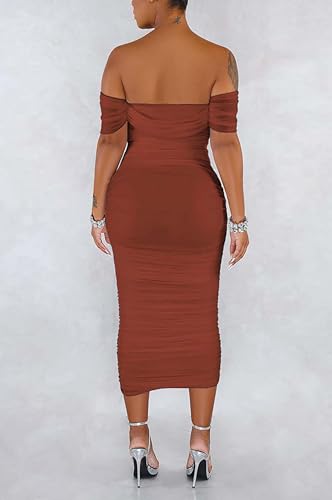 Fooullaide Women's Sexy Off Shoulder Sleeveless Bodycon Ruched Midi Dress - color: 88-copper, size: Medium