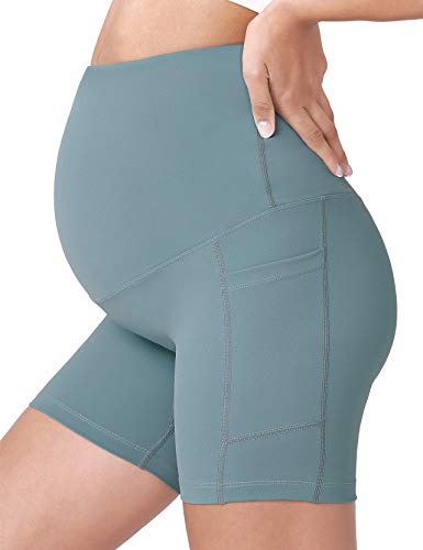 POSHDIVAH Maternity Biker Shorts Over the Belly with Pockets 5"/8" - color: Light Green, size: Medium
