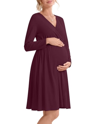 Locoowai Maternity Wrap Long Sleeve Dress V Neck Fall Dress - color: Burgundy, size: Medium