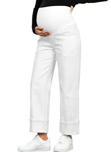 BLENCOT Maternity Jeans Over Belly Straight Leg Denim Pants with Pockets - color: White, size: Small