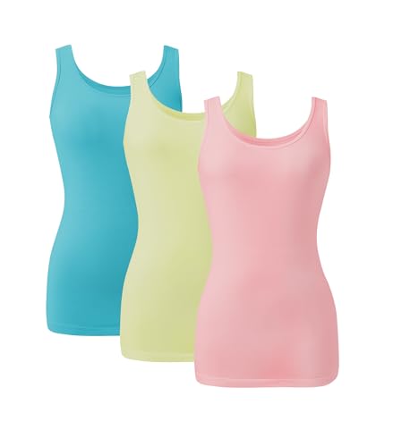 DAVID ARCHY Women's Bamboo Rayon Long Tank Tops, Layering Camisoles 3 Pack - color: Aqua Blue/Pale Lime Green/Rose Pink, size: X-Large