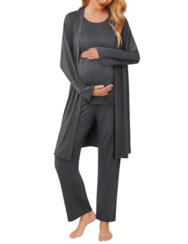 Ekouaer Maternity Pajamas Nursing Robe Set 3 Pieces Post Partum Lounge Sets - color: Dark Gray, size: X-Large