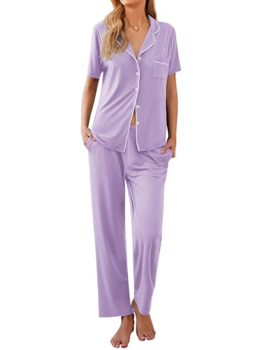 Ekouaer Womens Pajamas Set Short Sleeve Button Down Top & Pants Lounge Pjs - color: Light Purple, size: Small