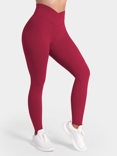 Sunzel Women's High Waisted Crossover Waist Butt Lifting Workout Leggings - color: Scarlet Red, size: Medium