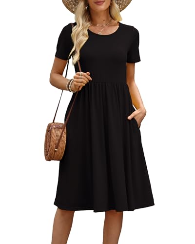 COSSEN Women's 2026 Summer Midi Dress Crew Neck Short Sleeve - color: B01-black, size: Medium