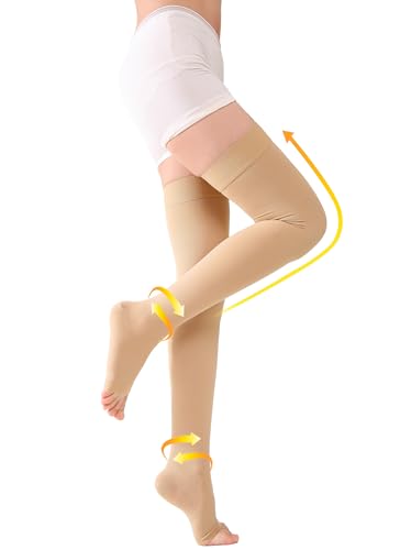TOFLY 30-40mmHg Graduated Compression Stockings Thigh High Open Toe Pair - color: 30-40mmhg Open-toe Beige, size: X-Large