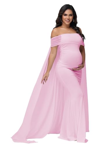 Maternity Mesh Off Shoulder Chiffon Cloak Maxi Photoshoot Dress - color: Pink, size: X-Large