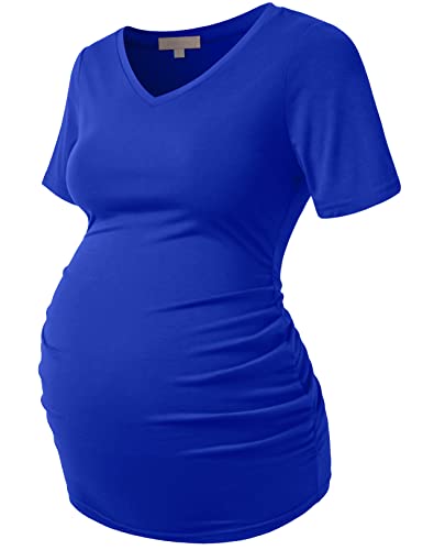 Bhome Maternity Shirt Short Sleeve Pregnancy Tshirt Side Ruched Tee Top - color: Royal Blue Vneck, size: Medium