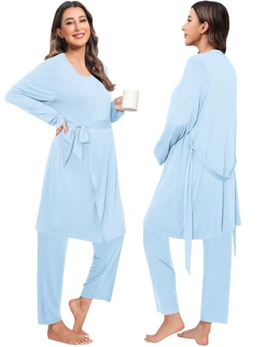 SWOMOG Maternity Nursing Robe Set 3 PCS Postpartum Breastfeeding Pajamas Hospital Pregnancy Pjs Double Layer Lounge Set - color: Baby Blue, size: Medium