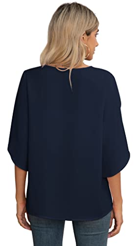 Jouica Women's 3/4 Ruffled Sleeve Blouses Summer Chiffon Casual Loose Tops - color: 01navy Blue, size: Small