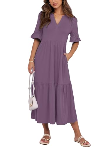 CzzzyL Womens Nursing Dresses Ruffle Sleeve V Neck Tiered with Pockets - color: Purple, size: Small