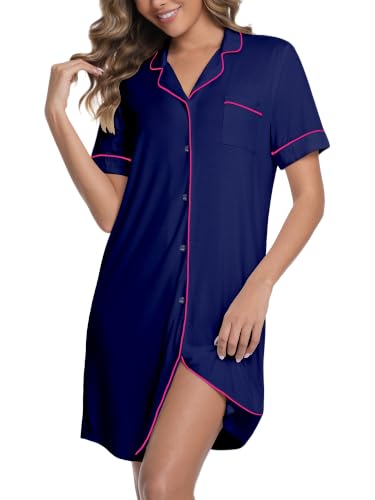 Womens Nightgown Bamboo Viscose Button Down Night Gowns - color: Blue With Magenta Piping, size: Small