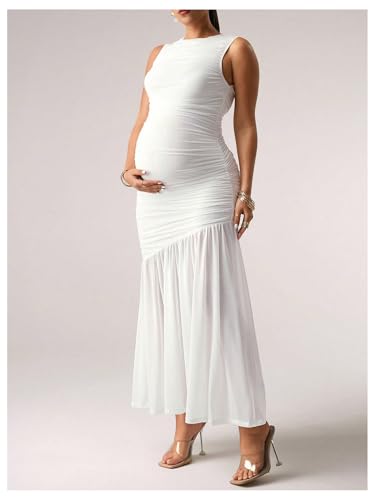 Floerns Women's Maternity Mesh Tank Dress Ruched Ruffle Bodycon Maxi Pregnancy Dresses - size: Small
