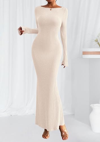 PRETTYGARDEN Women's Fall Long Sleeve Bodycon Maxi Dresses - color: Beige, size: X-Large