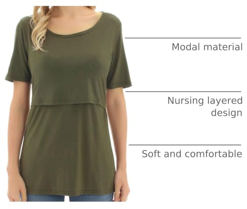 Bearsland Women's 3 Packs Maternity Nursing Tops Short Sleeve Breastfeeding Shirts - color: Blkwitstripe+green+brown(3pcs), size: Medium