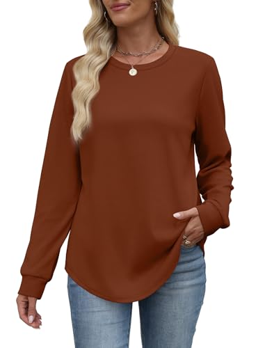 WIHOLL Sweatshirt for Women Crewneck Long Sleeve Shirts Curved Hem Lightweight Sweaters Fall Clothes 2025 - color: Caramel, size: Medium