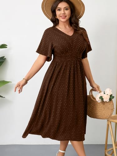 RWJ Women's Plus Size Maxi Dress V Neck Short Sleeve Swiss Dot Swing Summer - color: Chocolate Brown, size: Large Plus