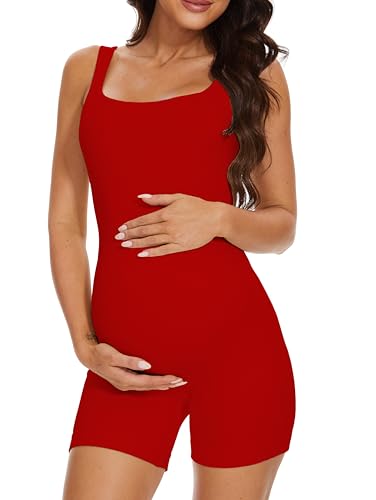 BDITANLE Maternity Workout Romper Pregnancy Yoga Ribbed One Piece Seamless Tank Top Jumpsuit - color: 07red, size: Small