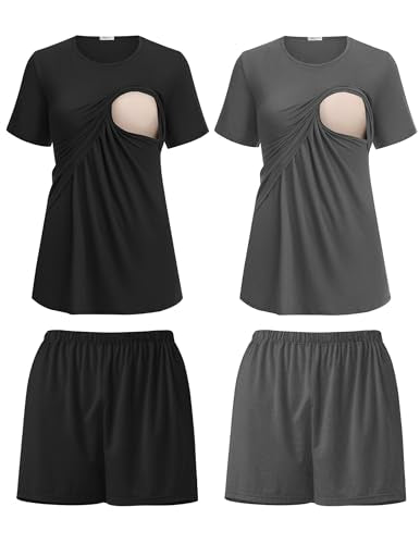 Ekouaer 2 Pack Nursing Pajamas Set Postpartum Outfits for Women - color: Black/Deep Grey, size: Large