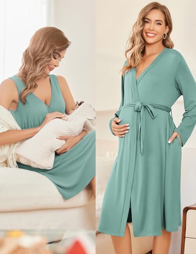 Ekouaer Maternity Nursing Gown and Robe Set Labor Delivery Nightgowns - color: Celadon Green, size: X-Large