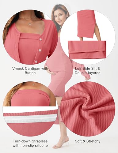 2 Piece Strapless Maternity Dress & Cardigan Set for Baby Shower - color: Dusty Rose, size: Small