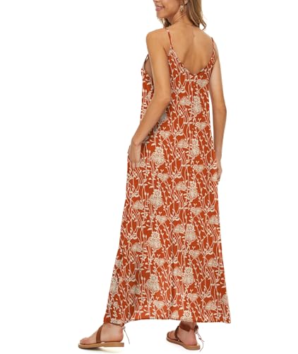 LILBETTER Women V-Neck Polka Dot Print Spaghetti Strap Boho Long Maxi Dresses - color: Flower Orange, size: Small