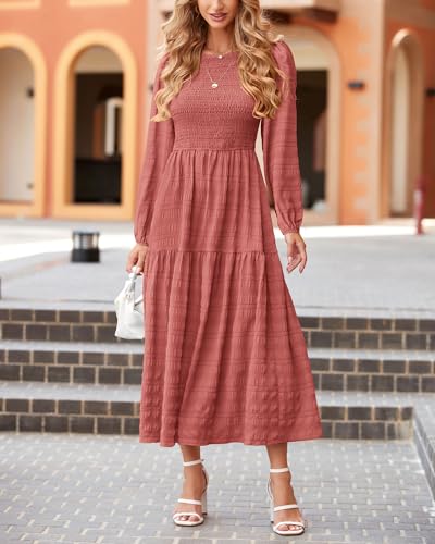 dowerme Women's Dresses 2026 Spring Puff Long Sleeve Crewneck Smocked Tiered Flowy A-Line Boho Wedding Party Maxi Dress - color: Bean Paste Pink, size: Small