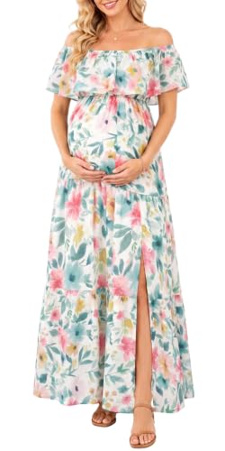 Talisea Maternity Off Shoulder Ruffle Maxi Dress Pregnancy Baby Shower - color: White Floral, size: XX-Large
