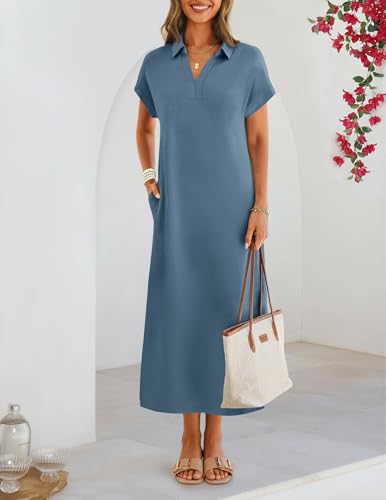 MEROKEETY Women's Summer Casual V Neck Collared T Shirt Long Maxi Dress - color: Gray Blue, size: Medium