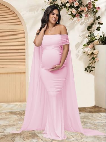 Maternity Mesh Off Shoulder Chiffon Cloak Maxi Photoshoot Dress - color: Pink, size: X-Large