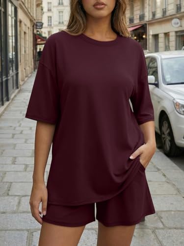 Trendy Queen Women's 2 Piece Summer Matching Set Lounge Wear with Pockets - color: Burgundy, size: Small
