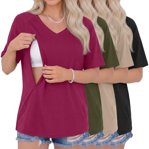4 Pack Women's Nursing Short Sleeve Shirts - color: Fuchsia, Army Green, Khaki, Black, size: XX-Large