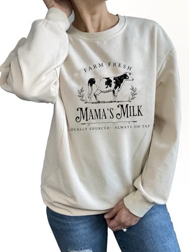 Women Hidden Zipper Nursing Sweatshirts Farm Fresh Mama's Milk Pullover Top - color: Cream 1, size: Medium