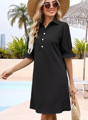 FEKOAFE Womens Casual Dress V Neck Short Sleeve Shift Dresses with Pockets - color: Aa-black, size: Small