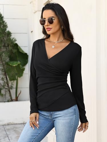 EasyGala Womens Wrap Long Sleeve Shirts Dressy Casual Slim Fit Ruched Tops - color: Black, size: Medium