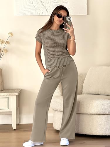 ANRABESS Women Two Piece Outfits Crochet Lounge Matching Travel Sets - color: Light Brown, size: X-Large