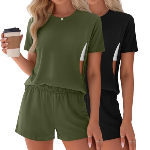 Riyiper 2 Packs Women's Nursing Pajamas Set - color: Army Green, Black, size: X-Large