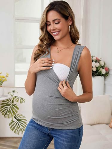 Womens 2-Pack Outfits Nursing Tank Wrap V-Neck Shirts Ruched Breastfeeding Sleeveless Maternity Tops - color: 2pack Gray, size: X-Large
