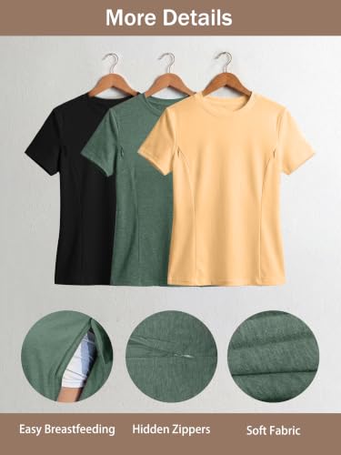Ecavus 3 Pack Nursing Shirts for Breastfeeding, Hidden Zippers Nursing Tops - color: Black/Heather Green/Yellow, size: Medium