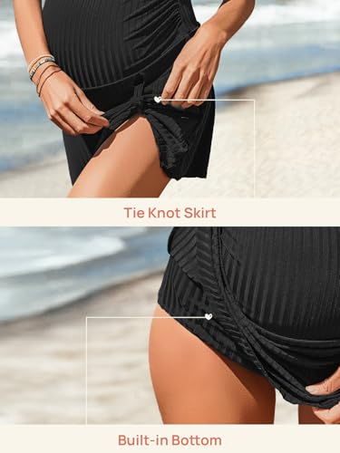 Summer Mae Ribbed Maternity Swim Dress, Tie-Knot One Piece Swimsuit - color: Dark, size: 4