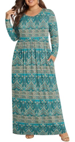 POPYOUNG Womens Plus Size Maxi Dresses Curvy Long Sleeve Fall Dress Outfits - color: Blue Khaki, size: 3X-Large