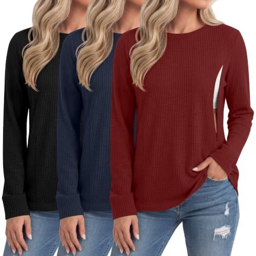 Neer 3 Pack Women's Nursing Hidden Zipper Long Sleeve Shirts - color: Wine Red, Navy Blue, Black, size: Large