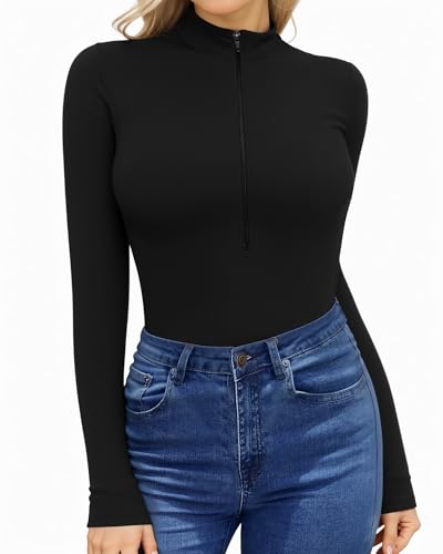 HERLOLLYCHIPS Womens Long Sleeve Top Short Sleeve V Neck Zip Up Sexy Shirts - color: B Long Sleeve Black, size: X-Small