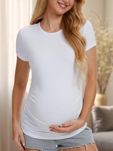 4 Pack Womens Maternity Shirts, Crew Neck Maternity Top Short Sleeve - color: Black/White/Brown/Army Green, size: X-Large