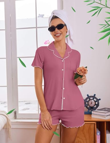 Ekouaer Womens Pajama Sets Bamboo Viscose Button Up Pjs 2 Piece Lounge Set - color: Dark Pink, size: Large