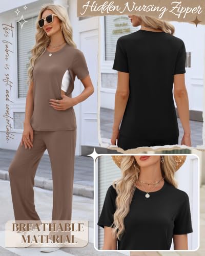 Ficerd 2 Pack Maternity Nursing Pajama Breastfeeding Sets Pjs - color: Coffee, Black, size: Medium