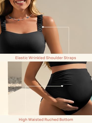 Summer Mae Ribbed Maternity Bikini Swimsuit Two-Piece Crop Top Bathing Suit - color: Black, size: 12