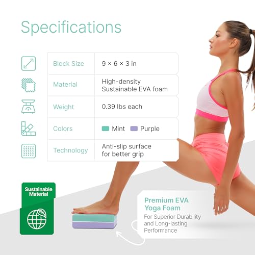 Yoga Blocks 2 Pack with Strap and Guide – Soft Non-Slip EVA Foam Blocks - color: Mint/Purple & Stretch Band Purple